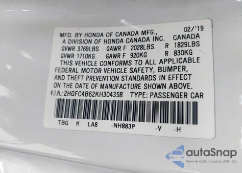 2019 Honda Civic Lx from USA, damaged, VIN 2HGFC4B62KH304358